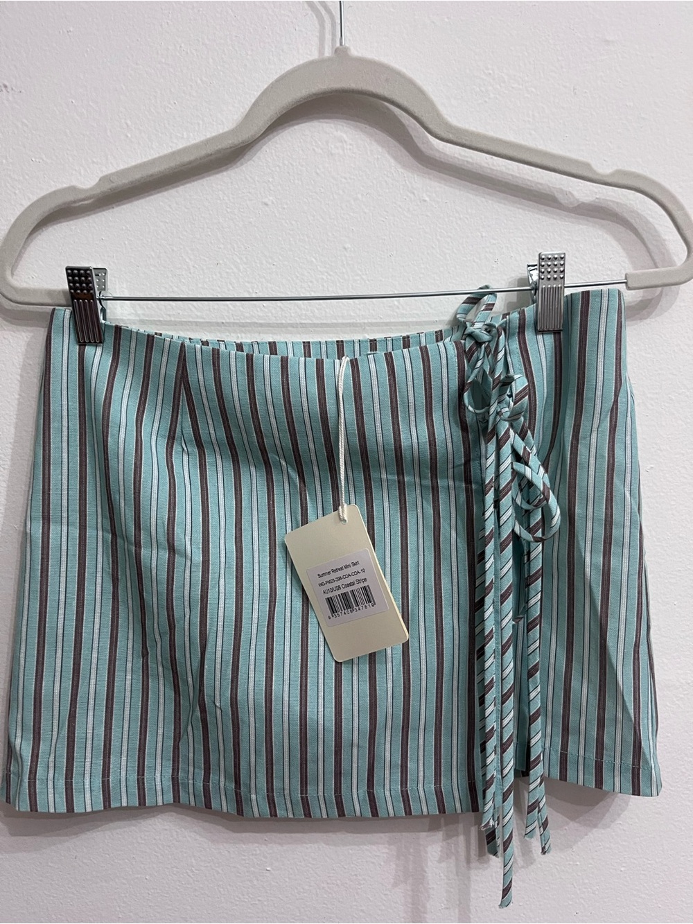 Peppermayo Mint and Brown Striped Tie-Detail Mini Skirt